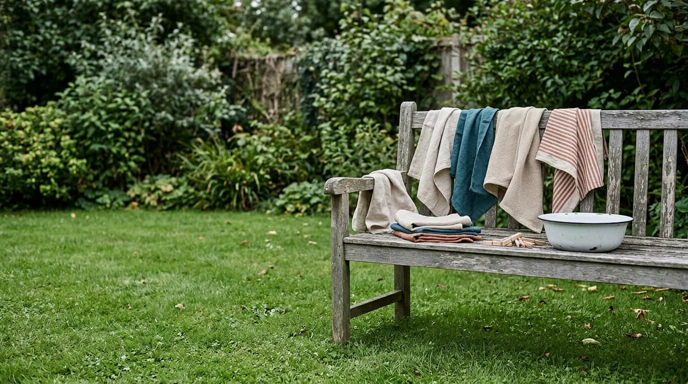 Cotton tea towels drying over a wooden bench in a garden