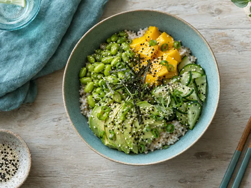 A bowl of colorful vegetables, avocado and edamame