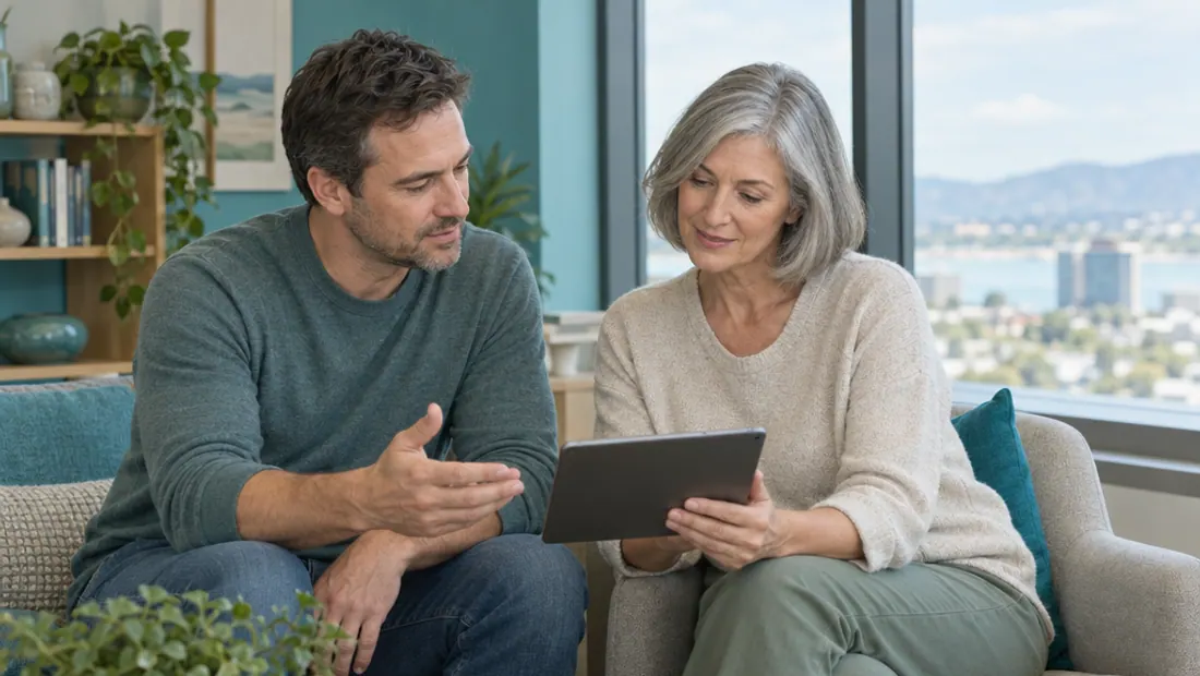 Two adults talking in a bright room while looking at a tablet together