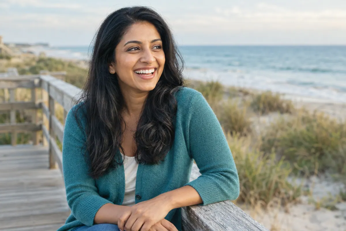 A smiling woman outdoors in warm evening sunlight