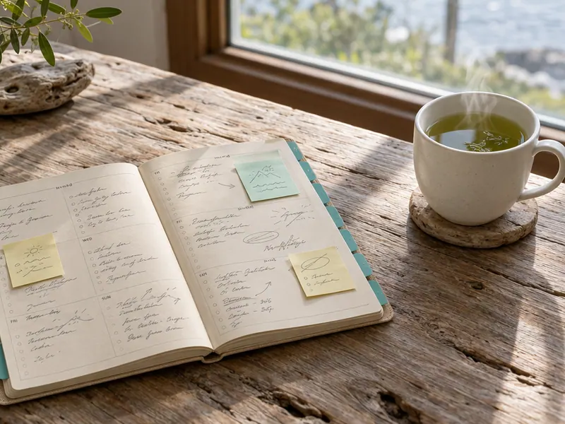 An open weekly planner notebook next to a cup of tea