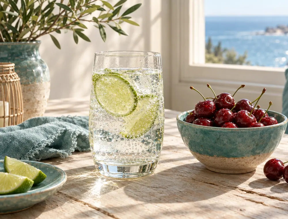 A glass of water with lemon slices beside a plate of lemons in window light