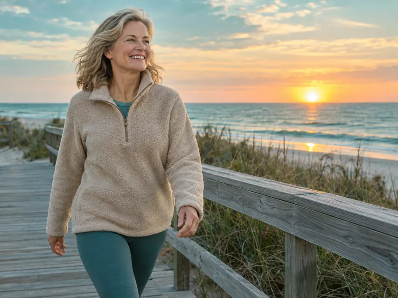 A woman in a green jacket walking on a sunlit park path